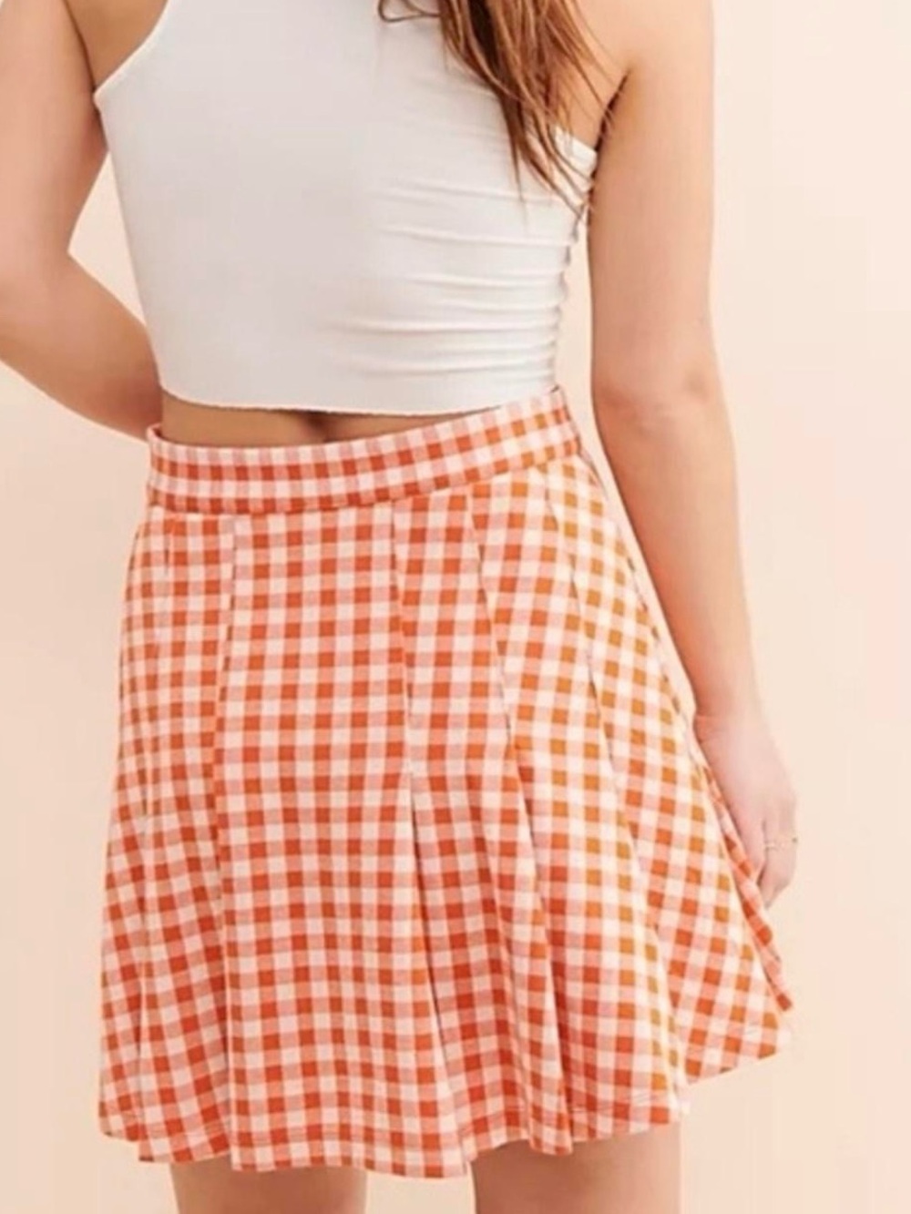 Free People Orange & White Gingham Honey Pleated Mini Skirt